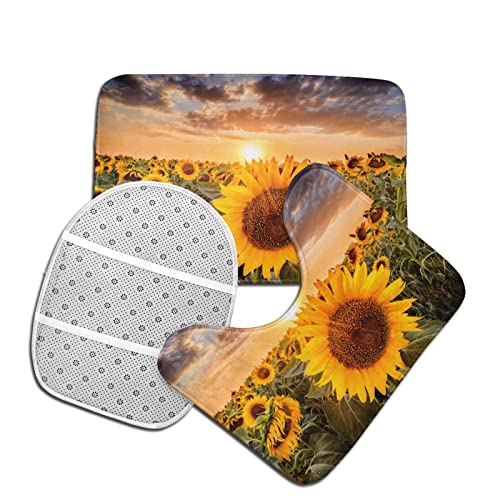 DIRYKILP Sunset Sunflowers 3 Stück Badematte Set Badematte + Konturmatte + Toilettendeckelbezug mit rutschfester Klebeunterseite – Bild 5