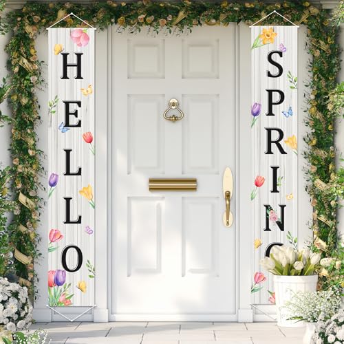 Hello Spring Banner Decorations Set of 2 11.8 x 71 Spring Floral Porch Banners Hello Spring Sign Decorations for Front Door Porch Wall Yard Party Supplies Indoor Outdoor Decoration (White)