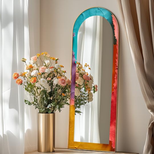 Specchio da pavimento astratto a forma di onde arcobaleno da 63,5 x 160 cm (larghezza x altezza), specchio da pavimento con cornice nera e cornice nera