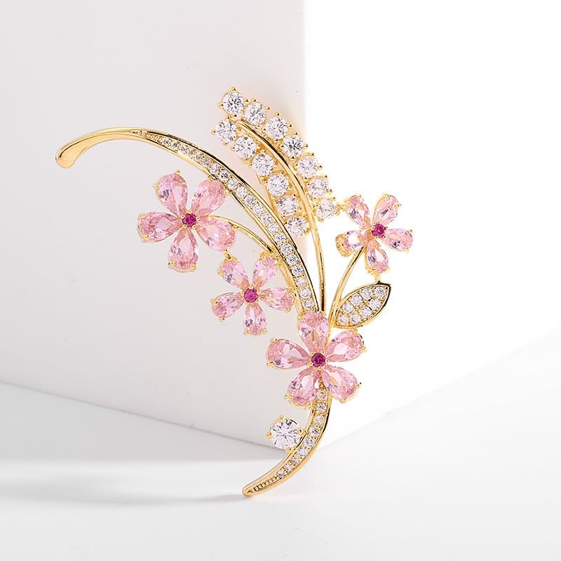 Image of 14K Gold Wheat Sheaf Brooch Embellished with Lustrous Colored Gemstone Flowers, Moissanite Accents Elevate its Elegance, Unique Botanical Jewelry Gift for Women