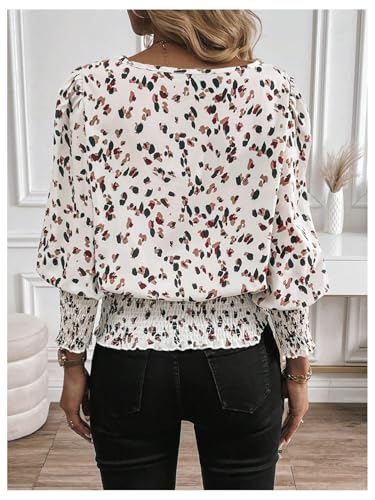 SweatyRocks Women's Lantern Long Sleeve Shirred Trim Round Neck Smocked Blouse Crop Tops2