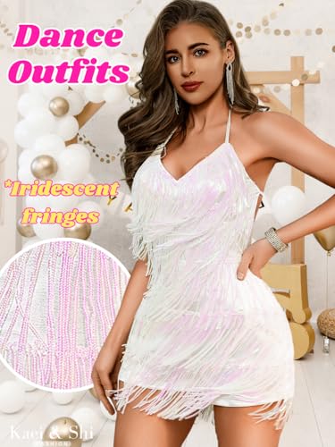 Image of Kaei&Shi Sequin Fringe Romper,Sparkly Glitter Metallic Jumpsuits For Women,Backless Shorts Dress Disco Birthday Dance Outfit