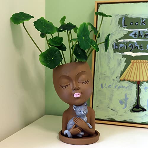 Dolkgy Head Planter Face Pots For Plants, Cute Plant Pots Unique Women Face Vase With Cat For Indoor Outdoor Plants, Resin Head Flower Pots Novelty Face Vase With Drainage Hole Tray, Diy Gifts Idea #TOP4