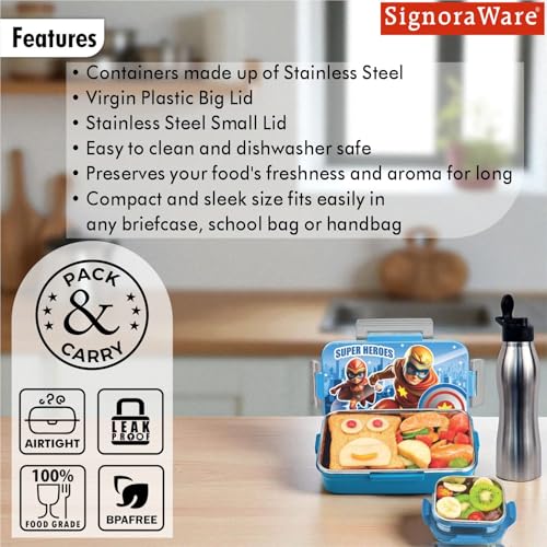 Image of SIGNORA WARE Delight C Nugget Stainless Steel Printed Lunch Box Set for Kids | Airtight Lid with Clip Lock | Compact & Sleek Size | Great for Picnics & Outdoors (700ml + 130ml + 750ml Bottle | Blue)