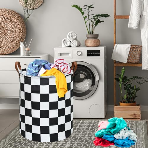 Image of MAIZMZ Checkered Flag Canvas Storage Basket 63L Waterproof Laundry Hamper with Handles, Collapsible Racing Themed Organizer Bin for Boys Bedroom, Toys, Clothes, Gift Giving