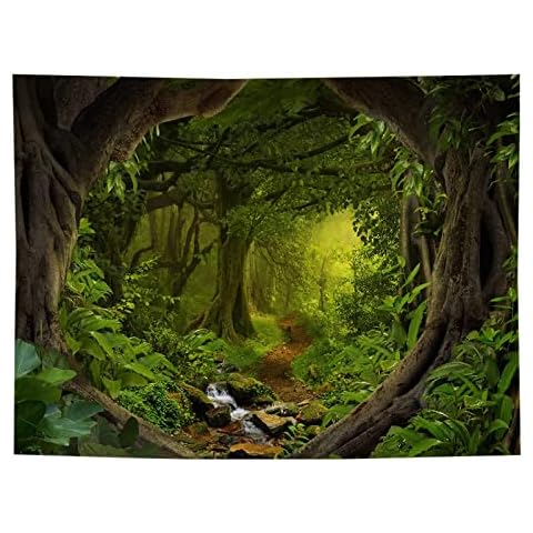 Fullfun Nature Green Forest Tapestry Wall Hanging with Stream, Green Misty Original Forest Tree Cave Tapestries, Nature Scenery Wall Tapestry Decor for Living Room Bedroom Dorm 50 x 60 inch Cover