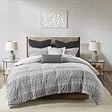 INK+IVY Rhea 100% Cotton Duvet Set Mid Century Modern Boho Design, All Season Comforter Cover Bedding Set, Matching Shams, Full/Queen, Geometric Clipped Jacquard Grey 3 Piece