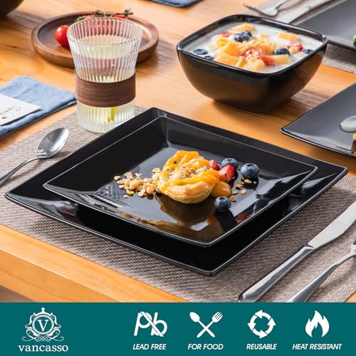 image for vancasso Soho Dinnerware Sets 12 Pieces, Black Stoneware Square Place 
