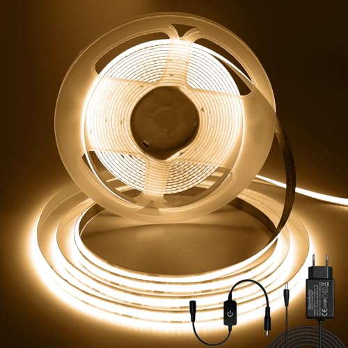 ShineBurky Striscia LED COB 5 Metri Bianco Caldo, 12V Luci LED Striscia Luminoso Strisce LED Flessibile per Interno Esterno Cucina Natale Camera da Letto Decorazione (con Adattatore)
