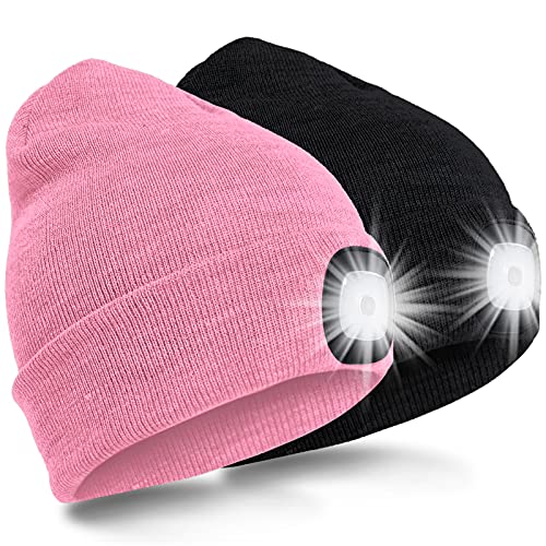 SPGOOD Gorro LED iluminado con luz para correr para hombre y mujer, gorro recargable por USB, linterna frontal cálida para invierno con luz LED para correr, camping, correr, Negro y rosa., Talla única Cover