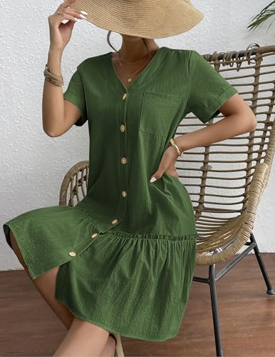 Image of HOTOUCH Women Button Down Dress Loose Summer Cotton Linen Dress Ruffle Hem Casual Dress Short Sleeve Tunic Dress