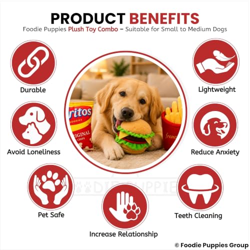 Image of Foodie Puppies 3-in-1 Squeaky Plush Dog Toy Combo (Chips, Burger & French Fries) for Small to Medium Dogs | Durable Bite-Resistant Chew Toys with Crinkle Sound | Soft & Safe for Teething