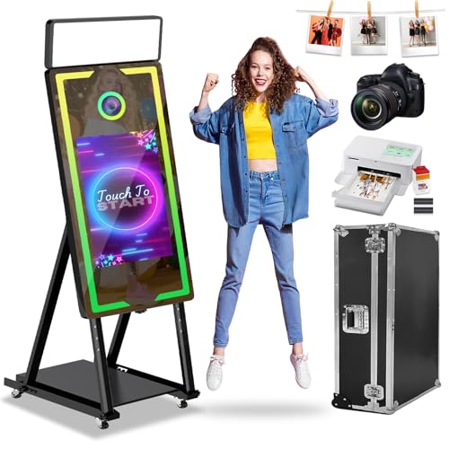 Mirror Photo Booth with Printer and Camera,40-22in Interactive One-Touch Start DSLR Photo Booth with Flight Case, Instant Printing,Square Fill Light RGB Light for Parties Christmas Events(Black)