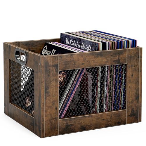 TEMI Vinyl Record Storage Crate &ndash; Large Wooden Record Holder for 70+ Albums &ndash; Industrial-Style...