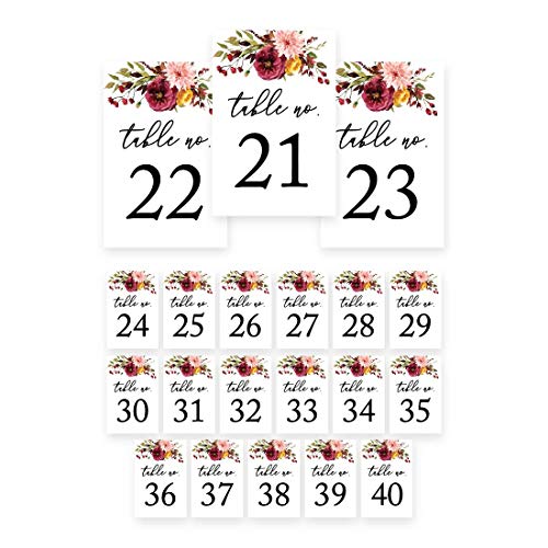 Andaz Press Fall Burgundy Marsala Wedding Party Collection, Table Numbers 21-40 on Perforated Paper, Single-Sided, 4X 6-inch, Marsala Floral Graphic Design, 1 Set