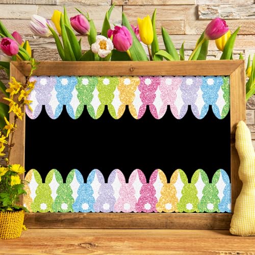 Image of Whaline 65.6ft Easter Bulletin Board Border Glitter Colorful Bunny Rabbit Shaped Die-Cut Border Trim for Spring Classroom Home Office Wall Chalkboard Decoration