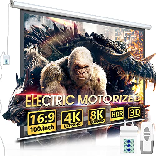 Aoxun Pantalla de proyector motorizada de 100 pulgadas - Pantalla de películas para interiores y exteriores 100 pulgadas Pantalla de proyector eléctrica 16:9 con control remoto Cover