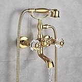 GX Grifo Bañera con Alcachofa De Mano Latón Color Oro Mezclador De Bañera Montaje En Pared, Incluye Soporte Y Manguera De 150 Cm, Dos Asas Grifo De Ducha, Antiguo