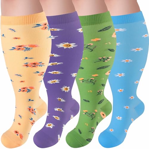 Image of 4 Pairs Plus Size Compression Socks,Extra Wide Calf 20-30 mmHg Knee High Compression Socks for Men Women Circulation