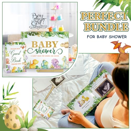 Image of Fuyoooo Dinosaur Baby Shower Guest Book Baby Shower Sign in Guest Book Reception with Baby Sonogram Page Keepsake Includes Gold Pen Table Card and Adhesive Photo Corner for Birthday