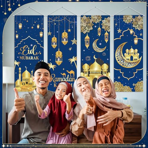 Image of Panelee 4 Pcs Ramadan Mubarak Porch Sign Banners Blue Gold Eid Mubarak Decorations Muslim Ramadan Kareem Door Banner Backdrop for Home Doorway Indoor Outdoor Wall Hanging Decor