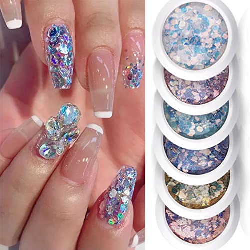 6 Box Holographic Nail Art Glitters Mermaid Nail Glitter Flakes 3D Laser Nail Sequins Acrylic Nail Art Supplies Sparkles Nail Powder Confetti Design Nail Charms For Women Face Eyes Nails Decoration #TOP6
