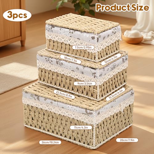3pcs Woven Storage Baskets with Lids, Decorative Storage Boxes, Space-Saving Wicker Basket for Shelves, Paper Rope Basket Bedroom Storage Solutions, Reusable Hamper Baskets with Removable Lining - Cosy Home Interiors 3pcs Woven Storage Baskets with Lids, Decorative Storage Boxes, Space-Saving Wicker Basket for Shelves, Paper Rope Basket Bedroom Storage Solutions, Reusable Hamper Baskets with Removable Lining - Image 2