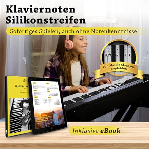 Belfort Klavier Noten Aufleger für Anfänger - Schwarz & Weiß - Abnehmbare Silikon Tastenbeschriftung + eBook (keine Aufkleber nötig) Klavier Zubehör für 88 & 61-Tasten Piano/Keyboard