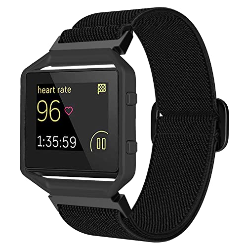 ESeekGo Elastic Bands Compatible for Fitbit Blaze Bands for Men Women, Nylon Adjustable Stretchy Solo Loop Braided Straps with Metal Frame Compatible for Fitbit Blaze Bands for Women Men, Black