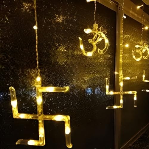 Image of HashWOW Om Swastik Curtain String Lights - 12 Hanging Symbols with 8 Flashing Modes, Warm White Decorative LEDs for Diwali & Festive Decor