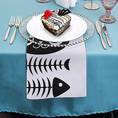 Cat And Fish Bone Print Dinner Tablecloth Napkins Funny Napkin Cloth Set Washable Everyday Use #TOP3