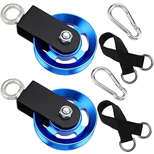 MUKLEI 2 Pack 3.5 Inch Cable Pulley Wheel, Aluminum Cable Pulleys with Hanging Strap and Snap Hook, 360° Rotation Snatch Block Pulley Wheel for Home Gym Equipment, DIY, Blue