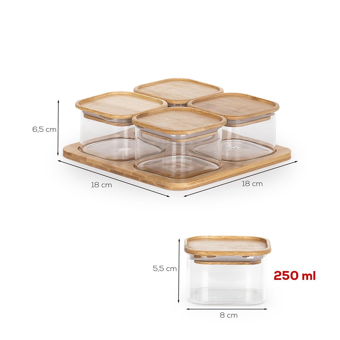 Porsima HF009009 Kare 4lü Hava Geçirmez Bambu Standlı Cam Kahvaltılık Seti Bambu Kapaklı Saklama Kabı 250ml