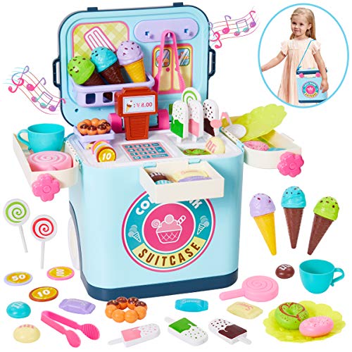 Buyger 3 in 1 Cucina Gelato Cibo Giocattolo Cassa Supermercato Soldi Finti per Bambini 3 Anni, Gioco d'Imitazione, Luce e Musica, Bagaglio