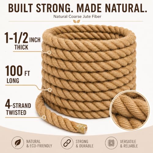 Image of 1-1 /2 Inch x 100FT Jute Rope 25mm 4-Strand Thick Twisted Hemp Rope