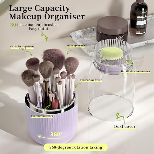 Image of Makeup Brush Holder with Cover，Thickened Acrylic Brush Holder Dust Proof，Easy To Take, Large Capacity Makeup Organizer with 7 Slot Makeup Organization(Purple)