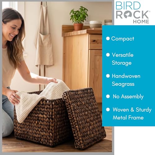 BIRDROCK HOME Storage Cube Box with Lid - Brown Wash Seagrass - Large Hand Woven Floor Container for Blankets Pillows - Sturdy Metal Frame by BIRDROCK HOME - Image 2