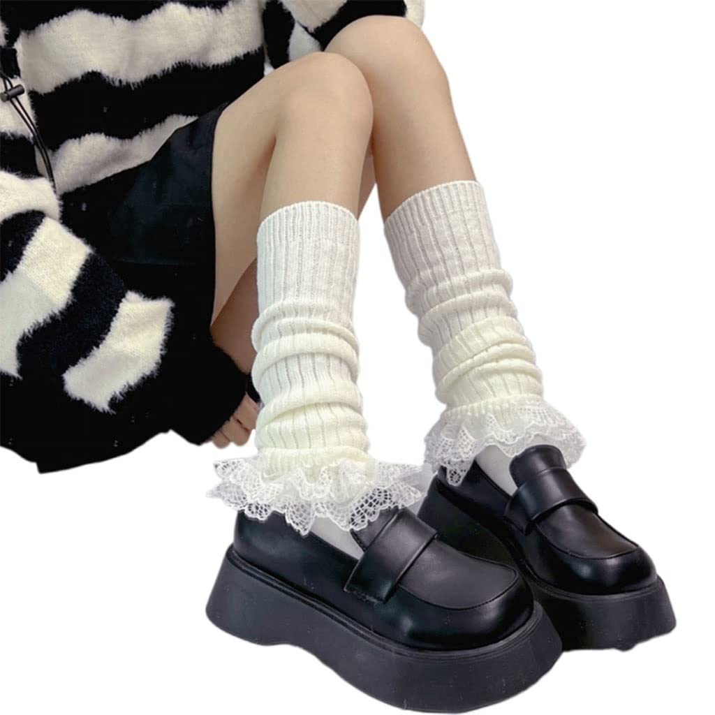 Fall Winter Ribbed Knitted Leg Warmers Cute Tiered Ruffled Lace Hem Foot Covers Middle Tube Calf Long Socks