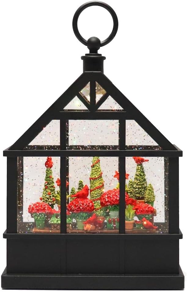 raz imports 2022 holiday water lanterns 9.5" christmas flowers and cardinals lighted water greenhouse