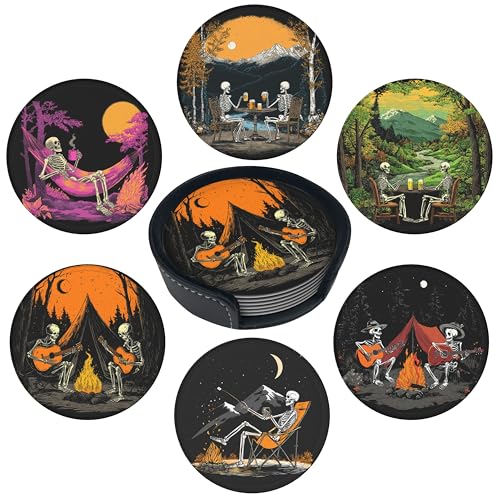 Halloween Skull Coasters Leather Round Drink Coasters 6 Pcs Set with Holderor for Cup Drink Coffee Table Bar Home Decor