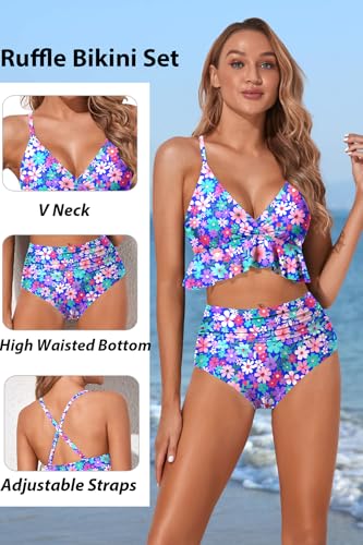 Image of Women Ruffle Bikini Set High Waisted Tummy Control Two Piece Swimsuits | Ruffle,High Waisted,Tummy Control,Removable Bra Pads,Adjustable Shoulder Straps,Full Coverage