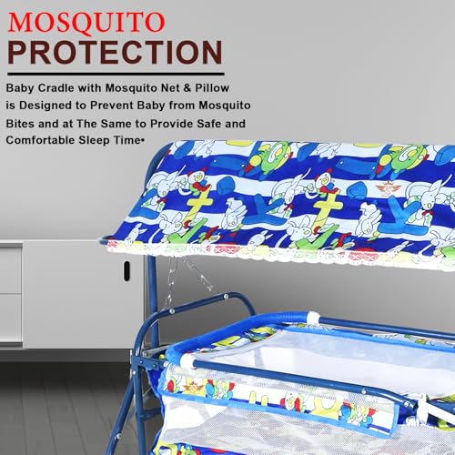 Image of Baby Cradle with Canopy and Wheels, Blue Cartoon Print | Portable Bassinet, Safety Mesh