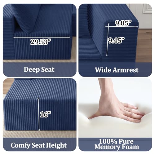 Image of 118 inch Modular Sectional Sofa with Chaise and Ottoman,Oversized U-Shaped Corduroy Cloud Couch,Deep Seat Boneless Couch for Living Room,No-Assembly,Blue (Left Facing Chaise)