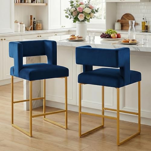 Image of Counter Height Bar Stools Set of 2, Blue Velvet Bar Chair Gold Leg