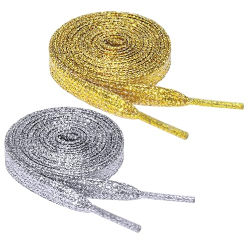 flintronic 1 par/2 par glitterskosnören, glänsande platta skosnören, glittrande 1,2 m x 10 mm/1,4 m x 10 mm kängskosnören ersättning för sneakers tygskor, repsnören passar barn vuxna – silver/guld, 2