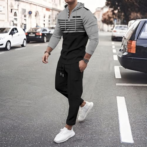 Sweatshirts Set for Mens 2 Piece Color Match Stripe Texture Long Sleeve Hoodies Hiking Pants Summer Athletic Clothes2