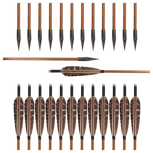 Huntingdoor 12 Pcs 31 inch Archery Hunting Arrows Bamboo Arrows Feather Fletching with Pheasant Feathers and 150 Grain Broadheads