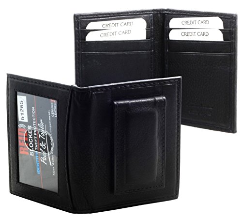 RFID Protected Magnet Money Clip Bi-fold Leather Wallet (Black) by Paul & Taylor