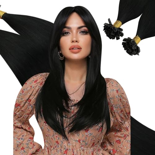 Ugeat 20 Inch Keratin Hair Extensions Human Hair Black U Tip Human Hair Extensions Jet Black Hot Fusion Keratin Tip #1 Medium Length to Add Volume and Length 50s 50G