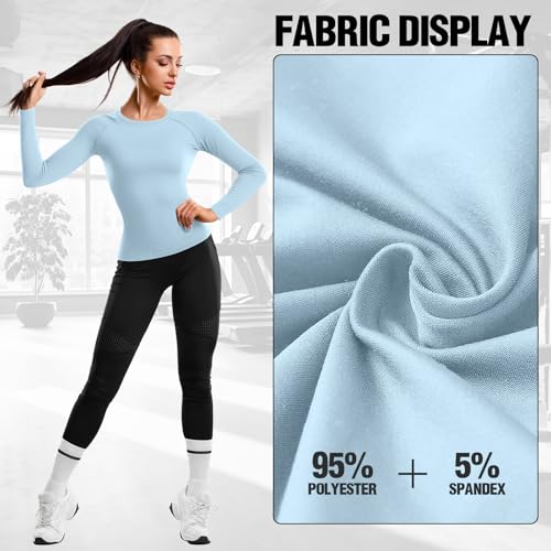 Coume 4 Pack Women's Compression Long Sleeve Shirts Crew Neck Workout Tops Quick Dry Gym Running Athletic Sports Underscrubs, Light Blue Light Pink White Black, S